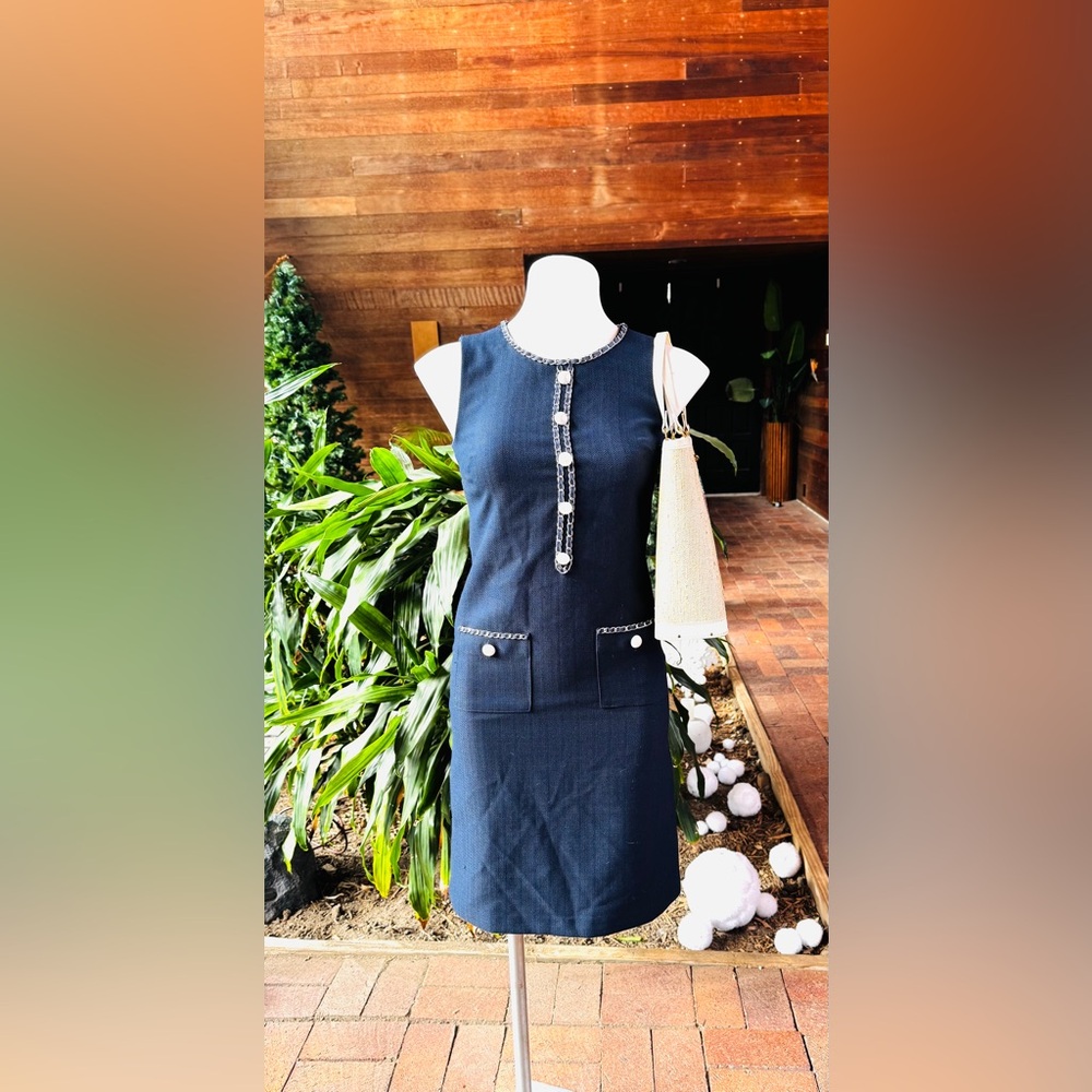 Karl Lagerfeld Navy Blue Tweed Shift Dress Sz 0